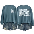Detail of blue crewneck sweatshirt with cool tattoos print and ripped denim shorts - S / Tops / Blue (White Print)