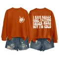 Front and back view of orange crewneck sweatshirt with I Have Really Cool Tattoos print - S / Tops / Burnt Orange (White Print)
