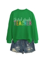Flach liegender grüner Pullover für Lehrer der 3. Klasse mit gerippten Bündchen und Saum - S / Grasgrünes Sweatshirt (Weiße Grafik)