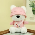 Cute white plush puppy keychain wearing a pink hat and shirt with a tiny freedom bag - Pink / About 12cm