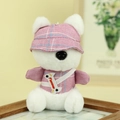 Cute white plush puppy keychain in a pink checkered outfit with matching hat - Deep Pink / About 12cm
