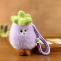Portachiavi peluche mangostano viola con viso ricamato e foglie verdi decorative - Melanzana