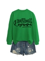 Détail de l'imprimé Softball Grandma sur un sweat vert et un short en jean délavé - S / Vert Herbe (Police Noire)