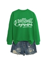 Détail du sweat-shirt vert avec imprimé softball grandma et ensemble short en jean - S / Vert Herbe (Police Blanche)