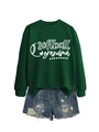 Flat lay of a dark green softball grandma sweatshirt with distressed denim shorts - Dark Green (White Font)