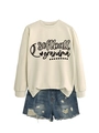 Flat lay of cream Softball Grandma sweatshirt with vintage graphic and denim shorts - Sand (Black Font)