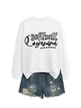 Detail view of softball grandma print on white sweatshirt with distressed denim shorts - White (Black Font)