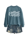 Flat lay of teal softball grandma sweatshirt with distressed denim shorts set - Blue (White Font)
