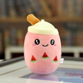 Pink plush watermelon milk tea cup keychain charm with cute embroidered smiling face - Watermelon Style (01) / Red