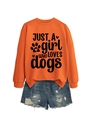 Detail of orange sweatshirt with JUST A girl WHO LOVES dogs print and denim shorts - Orange (Black Font)