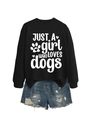 Detail of black long sleeve crewneck sweatshirt with Just A Girl Who Loves Dogs print - Black (White Font)