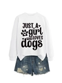 Flat lay of a white crewneck sweatshirt with dog lover print and ripped denim shorts - White (Black Font)