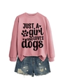 Detail of pink sweatshirt with 'JUST A girl WHO LOVES dogs' print and denim shorts - Rose Gold (Black Font)