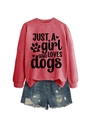 Detail of red crewneck sweatshirt with dog lover print and distressed denim shorts - Red (Black Font)