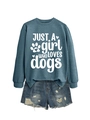 Detail of blue crewneck sweatshirt with dogs print paired with denim shorts - Blue (White Font)