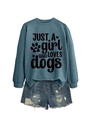 Detail of blue crewneck sweatshirt with 'JUST A girl WHO LOVES dogs' print and denim shorts - Blue (Black Font)