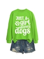 Close-up of ribbed cuffs on green dog lover sweatshirt and distressed denim shorts - Fluorescent Green (White Font)