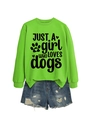 Flat lay of neon green sweatshirt with dog lover text and distressed denim shorts - Fluorescent Green (Black Font)