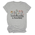 Detailed close-up of gray crew neck T-shirt with neurodiversity is beautiful flower print - S / Tops / Light Grey (Black Text)