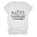 Close-up of white cotton T-shirt featuring neurodiversity is beautiful floral print - S / Tops / White (Black Text)