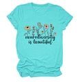 Detail of cyan crew neck t-shirt featuring colorful floral neurodiversity text design - S / Tops / Deep Water Blue (Black Text)
