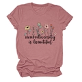 Detail of rolled sleeves and floral neurodiversity print on a rose pink crew neck T-shirt - S / Tops / Rose Gold (Black Text)