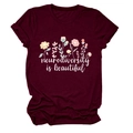 Detail of burgundy t-shirt with 'neurodiversity is beautiful' text and floral print - S / Tops / Wine Red (White Text)