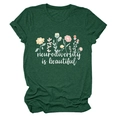 Detail of forest green cotton T-shirt featuring neurodiversity is beautiful floral print - S / Tops / Retro Green (White Text)