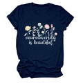 Detail of navy cotton T-shirt featuring neurodiversity is beautiful floral print - S / Tops / Navy Blue (White Text)