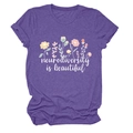 Detail of purple neurodiversity is beautiful T-shirt with floral graphic print - S / Tops / Purple (White Text)