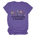 Detail of purple t-shirt showing colorful floral print and neurodiversity is beautiful text - S / Tops / Purple (Black Text)
