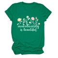 Detail of emerald green t-shirt with floral print and neurodiversity is beautiful text - S / Tops / Ink Green (White Text)
