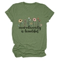 Detail of green cotton T-shirt featuring flower art and neurodiversity is beautiful text - S / Tops / Olive Green (Black Text)