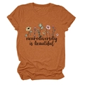 Detail of neurodiversity is beautiful print and rolled sleeves on rust red t-shirt - S / Tops / Burnt Orange (Black Text)
