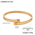 Macro detail of gold PVD plated stainless steel textured cuff bracelet with size specs - Gold Bangle (Z388)