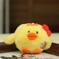 Plush yellow chick keychain with a red bow and straw cup detail on a tray - 8cm / Bowknot Chicken