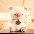 Plush pink pig doll with soft long fur and round brand wooden tag hanging on its neck - Pig / 15-18cm Ornament Style