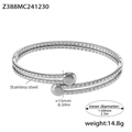 Silver stainless steel double-layered open cuff bracelet with checkered texture and ball ends - Steel Color Bangle (Z388)