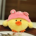 Cute plush yellow chick keychain wearing pink polka dot hat on wooden frame - 8cm / Pink Hat Chicken