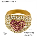 Detail eines 16mm goldenen Herzrings mit rotem Zirkon und Größenangaben in mm - US 6 / Gold Rosa Zirkonia