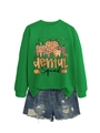 Detail eines grünen Dental Squad Sweatshirts mit destroyed blauen Denim-Shorts - S / Grasgrün (Schwarzer Druck)
