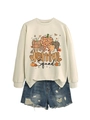 Close-up of Dental Squad print on white long sleeve sweatshirt with blue denim shorts - S / Sand (Black Print)