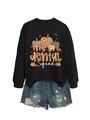 Detail of Dental Squad sweatshirt with tooth pumpkin graphic and ripped denim shorts - S / Black (White Print)