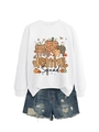 Detail of Dental Squad graphic sweatshirt paired with distressed denim shorts on white background - S / White (Black Print)