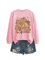 Flat lay of pink dental Squad sweatshirt featuring autumn pumpkin teeth pattern and denim shorts - S / Pink (Black Print)