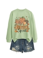 Detail of light green dental squad sweatshirt with pumpkin tooth graphic and denim shorts - S / Olive Green (Black Print)
