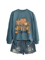 Flat lay of blue Dental Squad sweatshirt with autumn tooth graphic and denim shorts - S / Blue (Black Print)