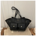 Large black lychee pattern leather tote bag with dual front pockets and gold hardware - Black