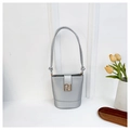 Detail of silver bucket bag with golden geometric buckle and tulip decoration - Silver