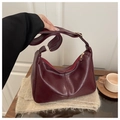 Retro deep wine red faux leather hobo shoulder bag with glossy finish and gold zipper - Red